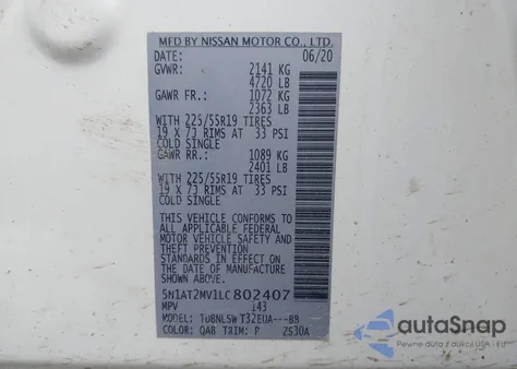 2020 Nissan Rogue Sl Intelligent Awd z USA, uszkodzony, nr VIN 5N1AT2MV1LC802407